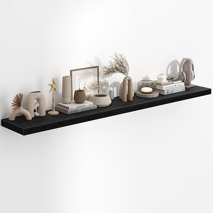 Fun Memories 72 Inch Floating Shelves in Black, 9.3 Inch Deep Floating Shelf for Bathroom Living Room Kitchen, Rusitc Wall Mounted Bathroom Shelves 1 Pack, Heavy-Duty Deep Shelf for Books Decor