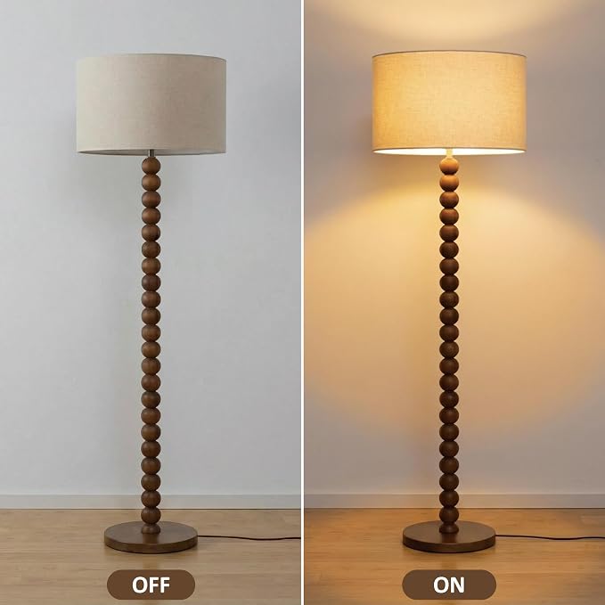 Buruis 61" Beaded Wood Floor Lamp with 17.2" Large Linen Shade, Retro Mid-Century Accent Walnut Finish Standing Lamp for Living Room, Bedroom, Office, Corner, UL Listed, Bulb Not Included, Beige
