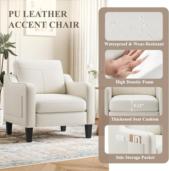 MALOL PU Leather Accent Chair Set of 2, Mid-Century Modern Living Room Armchair Sofa with Removable Cushions, Solid Wood Frame & Stitched Armrest Design, Bedroom Chair with Plastic Legs, Beige