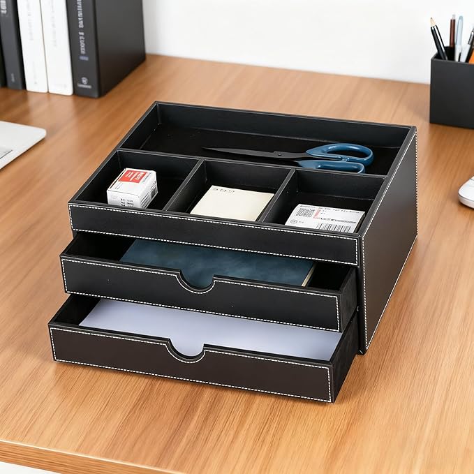 Home Multifunctional Bag Drawer Organizer, Leather Office Filing Cabinet with four Independent Organizers, and Storage Cabinet on the Bedside Table in the Guest Room