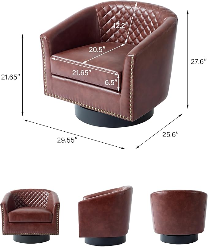 Swivel Barrel Accent Chair, Comfy Modern Upholstered Round Faux Leather Arm Chair for Living Room, Bedroom（Red Brown, Set of 4