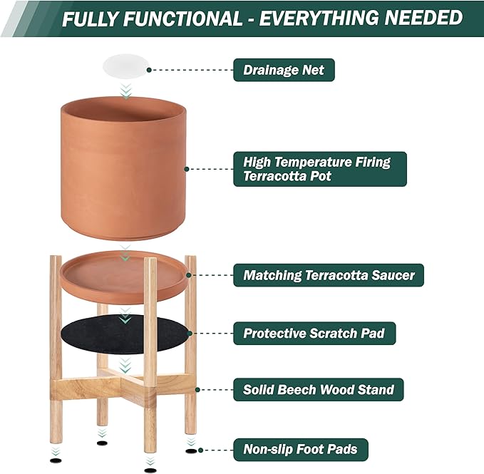 D'vine Dev Terracotta Planter with Natural Stand - 12 Inch Modern Round Flower Pot with Wood Planter Holder, Terracotta, 55-B-J-5