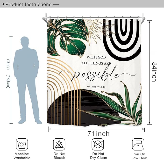 Miyotaa Abstract Emerald Green Shower Curtain Set 71Wx84H Inches Bible Christian Extro Long Motivational Minimalist Modern Tropical Leaves Aesthetic Contemporary Bathroom Curtain with Hooks