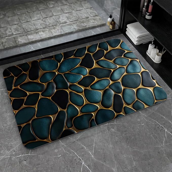 Diatomaceous Earth Bath Mat,Blue and Gold Stones Non-Slip Volume Super Absorbent Fast Drying for Bathroom Kitchen mat,Eco-Friendly Easy to Clean 20×31Inch (50 * 80cm)