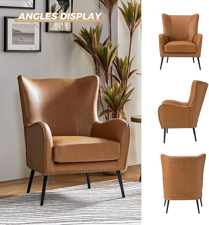 HULALA HOME Faux Leather Accent Chair Set of 2 with Removable Cushion, Comfy Upholstered Armchair with Metal Legs & Nailhead Trim Wingback Vanity Chair for Reading Living Room Bedroom, Camel