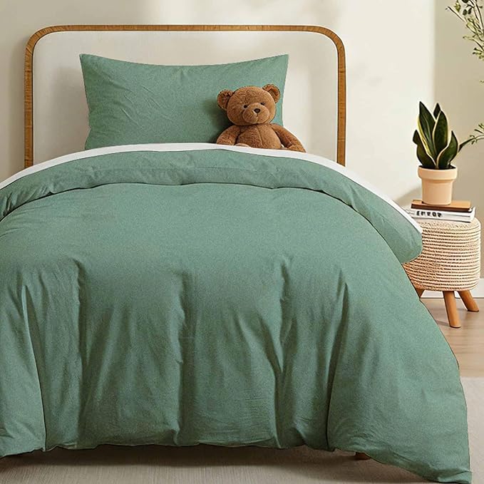 LOVQUE 100% Washed Cotton Duvet Cover Twin Size, Mint Green Fade-Resistant Natural Bedding Set (No Comforter), 68x90 Inches