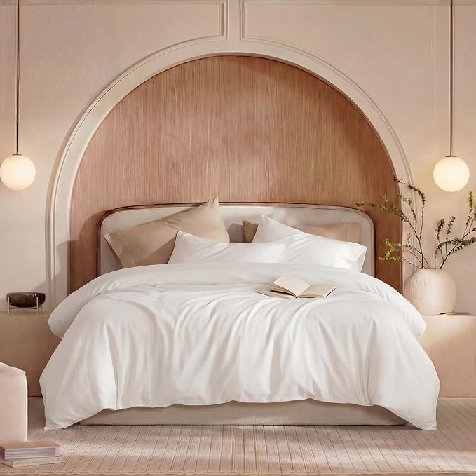 100% Washed Cotton Duvet Cover Queen Size – Bright White, Linen-Like Texture, Super Soft & Breathable Bedding Set, 3-Piece Durable Percale Comforter Cover