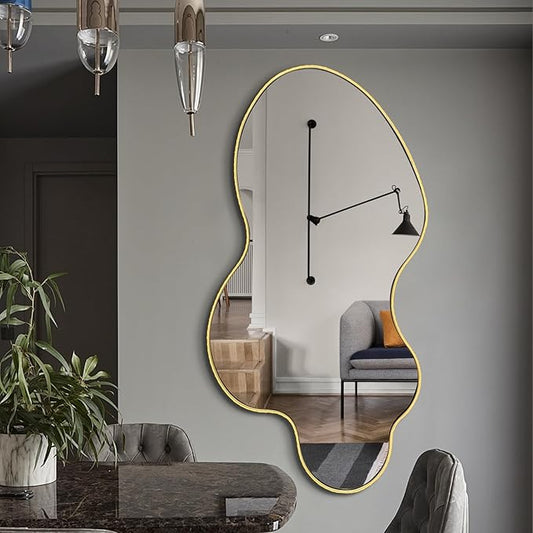 Irregular Mirror, 46.5"x24" Asymmetrical Mirror, Gold Metal Frame Abstract Wall Mirrors Decorative, Modern Odd Shaped Mirrors for Living Room Bathroom Bedroom Hallway Entryway Fireplace