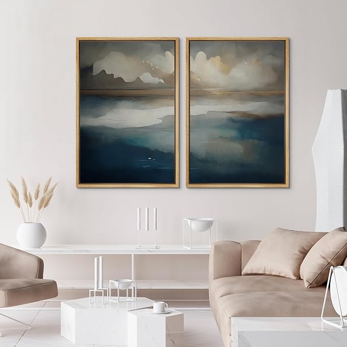 IDEA4WALL Framed Canvas Print Wall Art Set Ocean Cloudscape Blue and Beige Abstract Seascape Illustrations Modern Art Decorative Bohemian Calm/Zen for Living Room, Bedroom, Office - 24"x36"x2 Natural