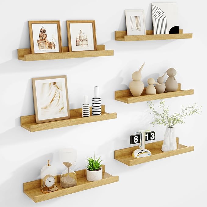 Floating Shelves Set of 6, 16 Inch Picture Ledge Shelf with Lip for Wall, Wall Mounted Display Shelf for Living Room, Bedroom, Nursery, Bathroom, Kitchen, Oak