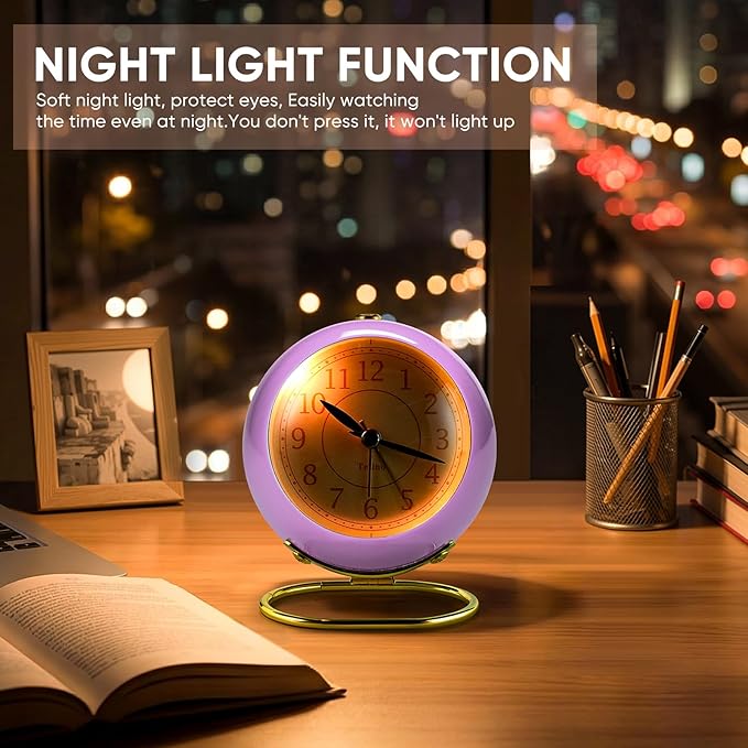 Tetino Analog Alarm Clocks,Retro Backlight Cute Simple Design Small Desk Clock with Night Light,Silent Non-Ticking,Battery Powered,for Kids,Teens,Bedroom,Travel,Kitchen,Bedside Desk Decor. (Purple)