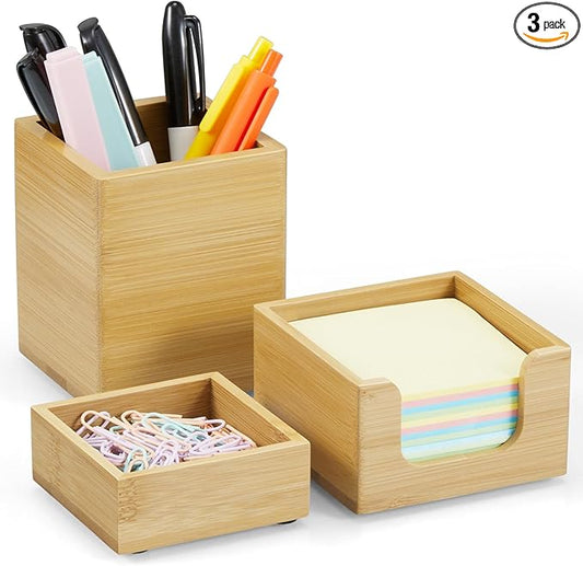 Desk Organizer Set of 3 - Bamboo Office Desk Accessories - Desk Organizers and Accessories for Women Men - Set incl. Pencil Pen Holder, Paperclip Storage and Sticky Note Holder
