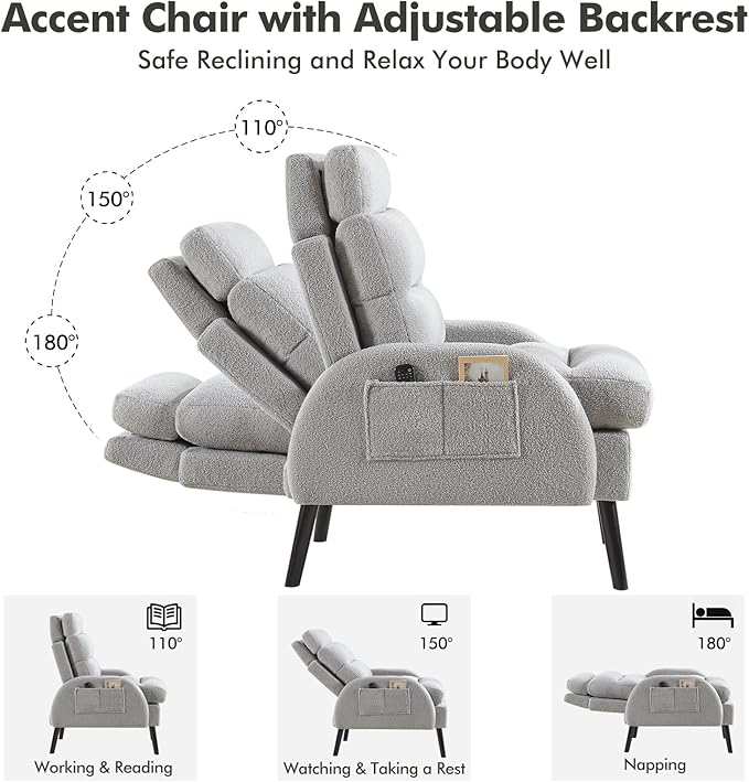 HCHAIRH Accent Chair with Ottoman Set, Comfy Teddy Reading Chair and Ottoman, Modern Oversized Lounge Armchair with Adjustable Backrest for Living Room Bedroom, Light Grey