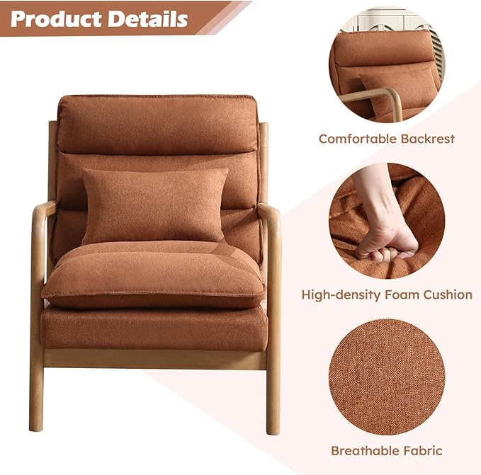 Mid Century Modern Accent Chair Set of 2, Upholstered Lounge Armchair with Plump Back Pillow, Comfy Reading Chair with Solid Wood Frame for Bedroom Living Room, Brown