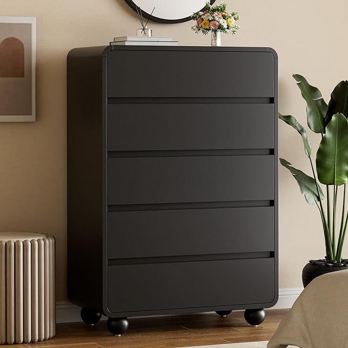 Lulive Wood Dresser for Bedroom, 41” Tall Chest of Drawers with 5 Drawers, Modern Closet Storage Drawer with Curved Profile Design for Living Room, Hallway, Entryway, Black