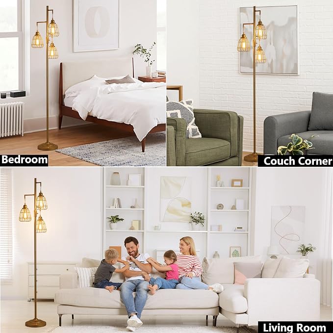 9MMML Gold Dimmable Floor Lamp,Industrial Farmhouse Tall Standing Floor Lamp for Living Room, Bedroom, Corner,Office,Gold 3 Teardrop Cage Lampshade,68”Height,3 LED Bulb Included