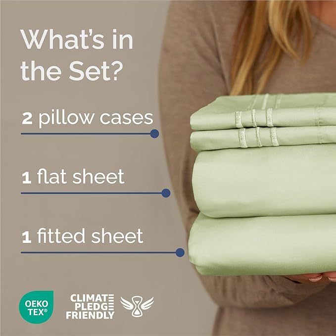 King Size 4 Piece Sheet Set - Comfy Breathable & Cooling Sheets - Hotel Luxury Bed Sheets for Women & Men - Deep Pockets, Easy-Fit, Soft & Wrinkle Free Sheets - Light Sage Green Oeko-Tex Bed Sheet Set