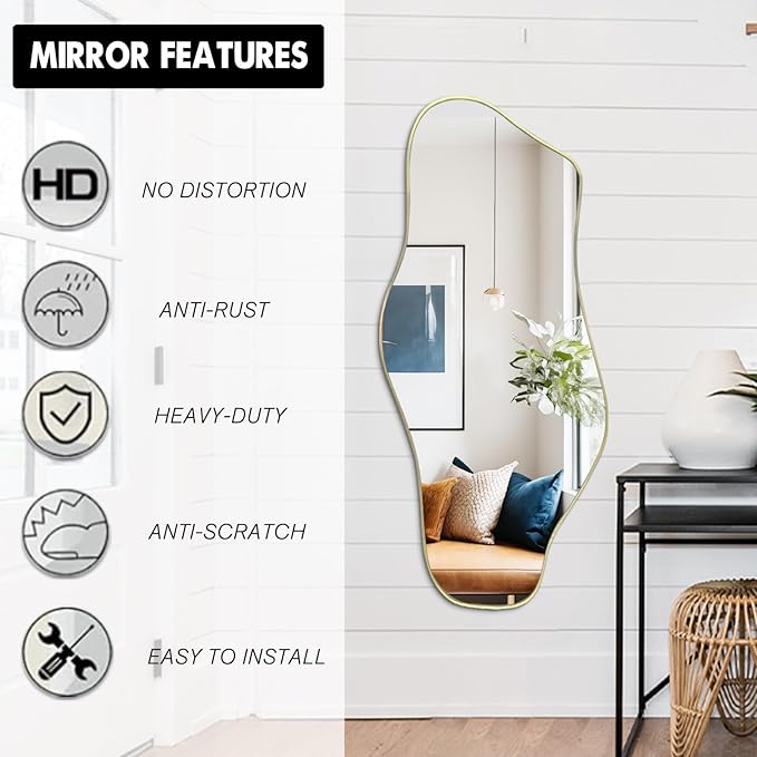 Irregular Mirror, 51.1"x23.6" Asymmetrical Frameless Mirrors, Large Gold Abstract Wall Mirrors, Modern Unique Shaped Mirror for Living Room Bathroom Bedroom Hallway Entryway