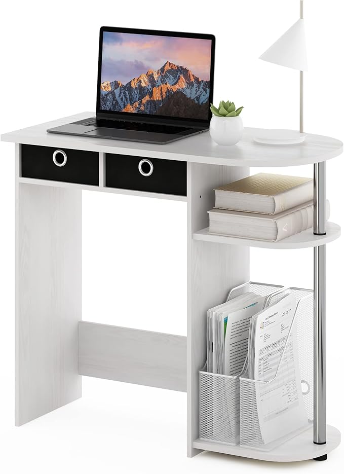 Furinno Go Green Desk, 31.5" Wide Gaming Desk with 2 Side Shelves and Storage Bins, Computer Desk, Office Desk for Home Office, Study Room, Dorm, Bedroom, White Oak