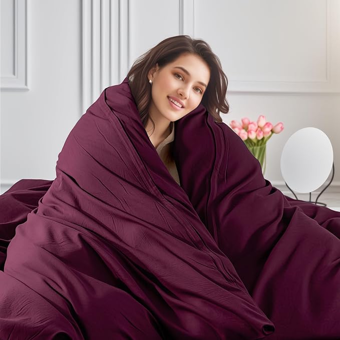 NEXHOME PRO 100% Washed Cotton Duvet Cover Queen Size, Ogranic Natural Linen Feel Breathable Bedding Set with Zipper Closure, 3 Pieces Duvet Cover Set Wine (No Comfortert) 9090