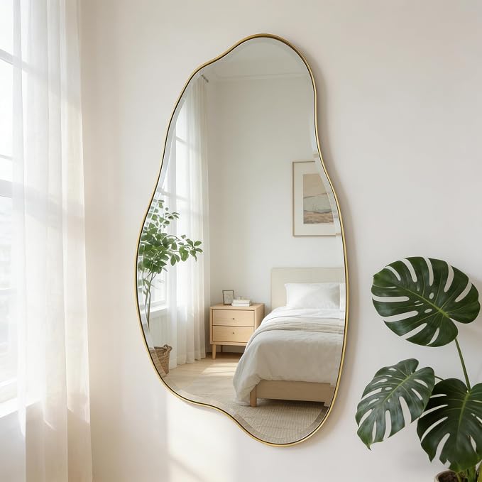 POZINO Large Irregular Beveled Mirror, 53.5"x27" Asymmetrical Wall Mirror with Gold Metal Frame, Organic Shape Mirrors for Entryway Bathroom Bedroom Hallway Living Room, Horizontal or Vertical Hanging