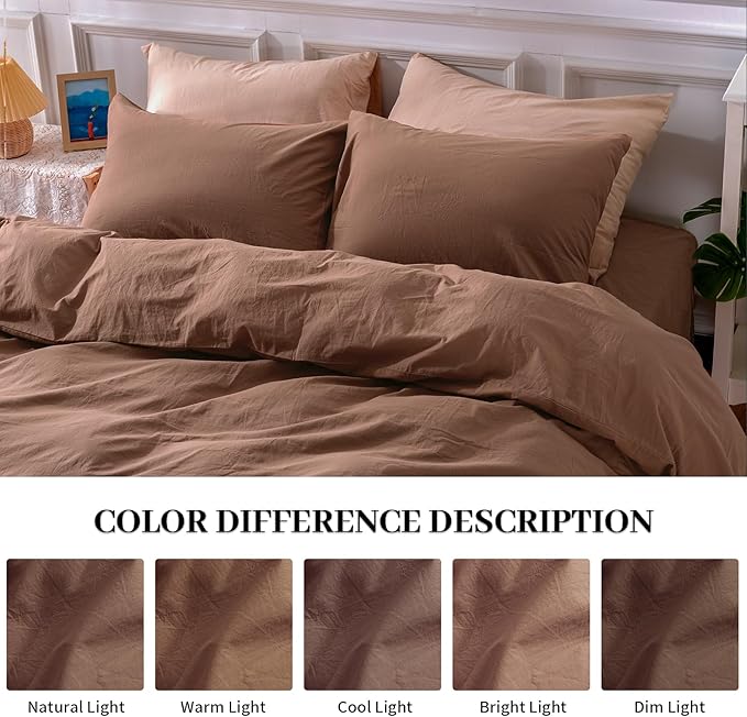 NEXHOME PRO Duvet Cover Set Queen Size Linen Textured Organic Natural 100% Washed Cotton Duvet Cover Mocha Brown 3 Pieces Bedding Set with Zipper Closure, Breathable, Soft (No Comforter)