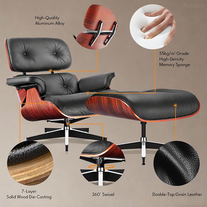 Top Black Grain Leather, Mid Century Chaise Lounge Chair and Ottoman, Modern Chair Classic Design, Heavy Duty Base Support for Living Room Study Lounge Office, Darkrosewood, Heightening