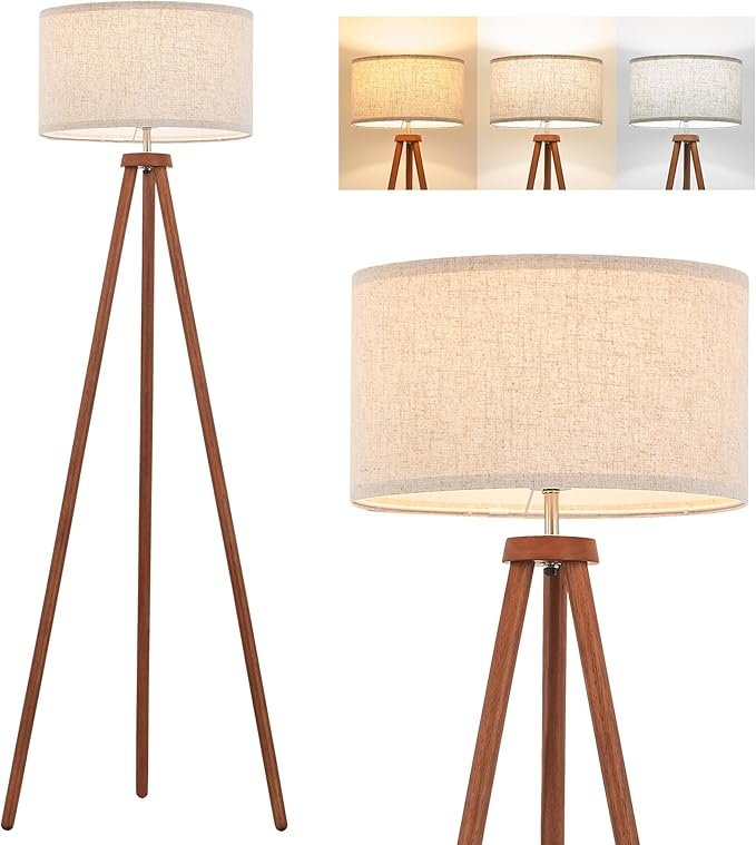 ELYONA Wood Tripod Floor Lamps with 3 Color Temperatures LED Bulb Vintage Standing Light Beige Linen Shade Tall Floor Lamp for Bedroom Living Room Office Study Room, Brown & Nickel Metal