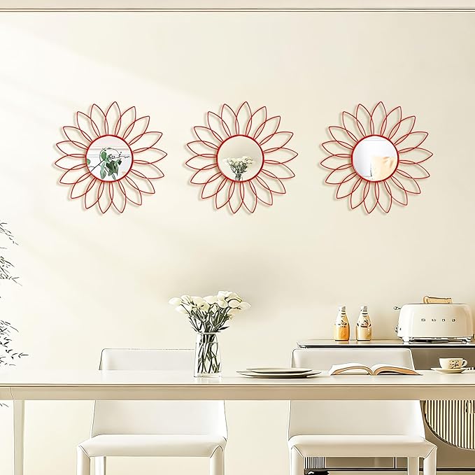 3 Pack Metal Mirrors for Wall Sunburst Wall Mirrors Home Décor Decorative Hanging Wall Art for Living Room Bedroom Entryway (Red, Flowers)