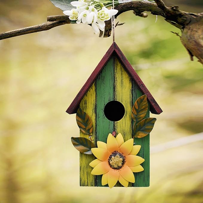 Rustic Decorative Bird House for Outside, Outdoor Hanging Wood Hand-Painted Bird House with Sunflower Decor, Wooden Hanging Garden Birdhouse Porch Yard Decor 9.37"X6.38"X4.25" (Red & Blue)