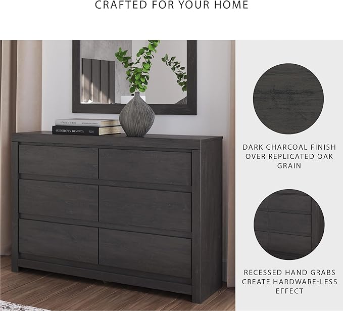 Signature Design by Ashley Parlayon Modern 6-Drawer Dresser and Mirror with Anti-Tipping Restraint, Black
