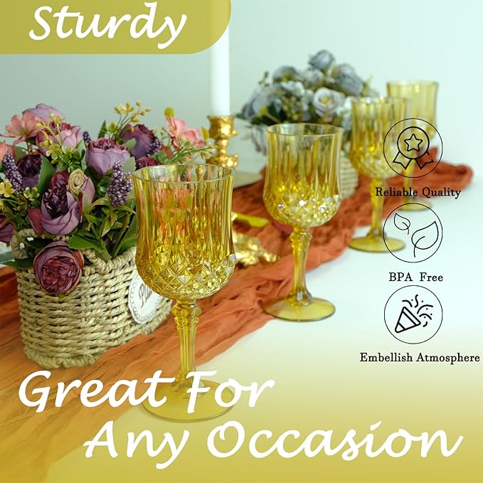 Plastic Wine Glasses, Plastic Goblets Vintage Style Cordial Drinking Glasses for Valentine’s Day, Wedding Reception, Grand Event Party Supplies (12, Gold)