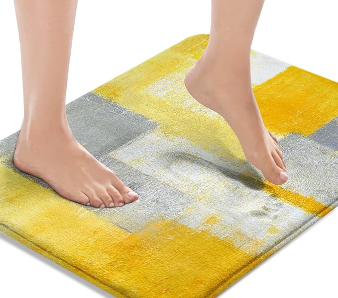 Britimes Bath Mat for Bathroom Yellow Gray Abstract Graffiti Geometric Bath Rug Floor Mat Bathroom Decorations 16x24 Inches for Kitchen Bedroom Indoor