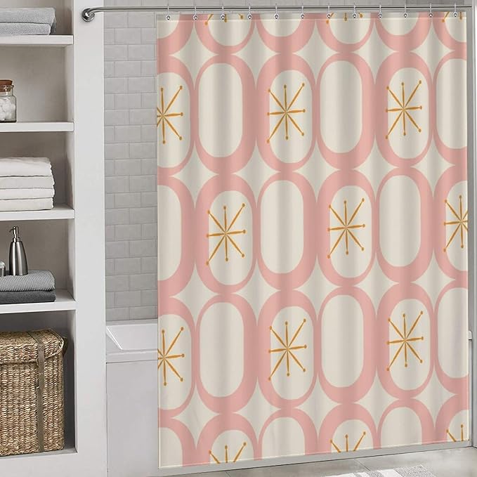 Retro 50S Shower Curtains Vintage Mid Century Aesthetics Modern Pink Beige Pattern Duty Fabric Shower Curtain Set Bathroom Polyester Waterproof with 12 Hooks, 66x72Inch（168x183cm）