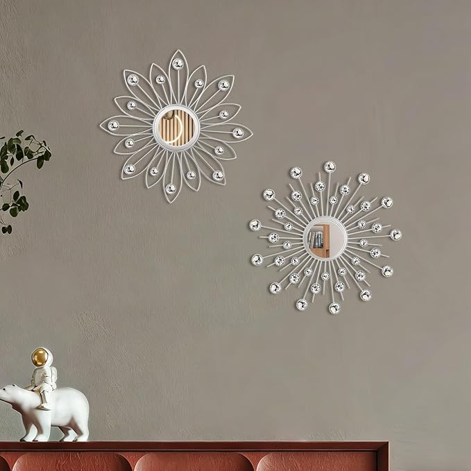 2 Pack Metal Mirrors for Wall Boho Sunburst Wall Mirror Home Decor Modern Decorative Wall Art for Bedroom Living Room Entryway