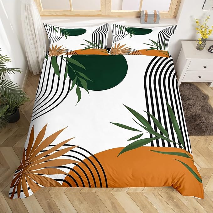 Erosebridal Mid Century Green Comforter Cover King for Kids Teens Adults,Abstract Modern Sun Duvet Cover,Minimalist Aesthetic Bedding Set,Geometric Leaves Bed Set 3 Pcs Bedroom Decor