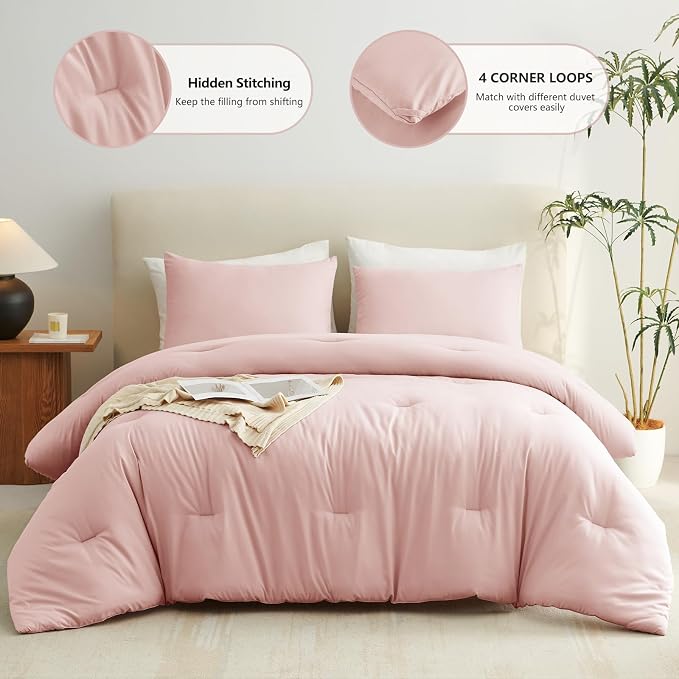CozyLux Twin Comforter Set College Dorm Essentials, 2 Pieces Blush Pink Twin Extra Long Solid Bedding Sets, Twin XL Bed Set with Down Alternative Comforter and 1 Pillowcase, Back to School Room Gift