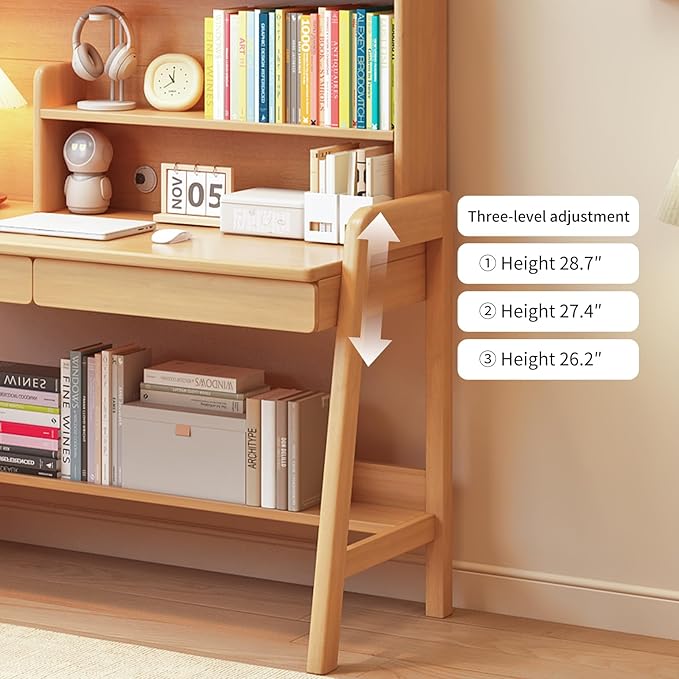 Home Office Desk with Drawers & Shelves, Wood Work Desk for Small Spaces, 3-Level Height-Adjustable Desks with Storage, Home Office Table for Bedroom & Office, Natural, 36.7 Inch