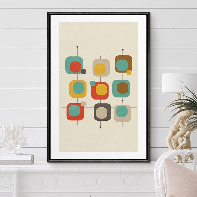 Woodrose Framed Canvas Print Wall Art Geometric 1960s Color Square Collage Abstract Shapes Illustrations Modern Minimalist Chic Multicolor for Living Room, Bedroom, Office - 16"x24" Black