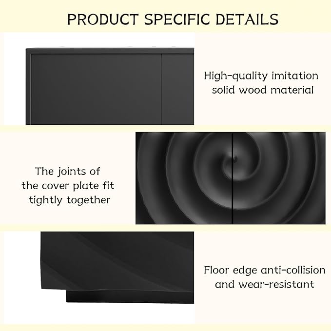 Wave Pattern Sideboard Buffet Cabinet - Modern Luxury Multifunctional Storage Cabinet with 3D Textured Doors, Display Cabinet for Dining Room Living Room Entryway (Black)