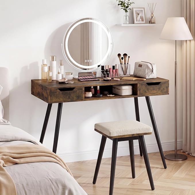 Giantex Mid Century Modern Computer Desk with Drawers, 42.5" Writing Desk with Open Storage Cubby, Vanity Table with Metal Leg, Compact Wooden Study Table for Small Spaces Home Office (Rustic Brown)