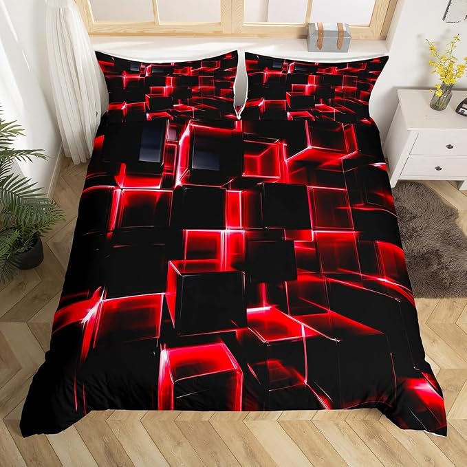 Erosebridal Red and Black Geometric Duvet Cover Twin Size Modern 3D Stereoscopic Square Bedding Sets, Gradient Neon Honeycomb Bed Set 2 Pieces for All Season