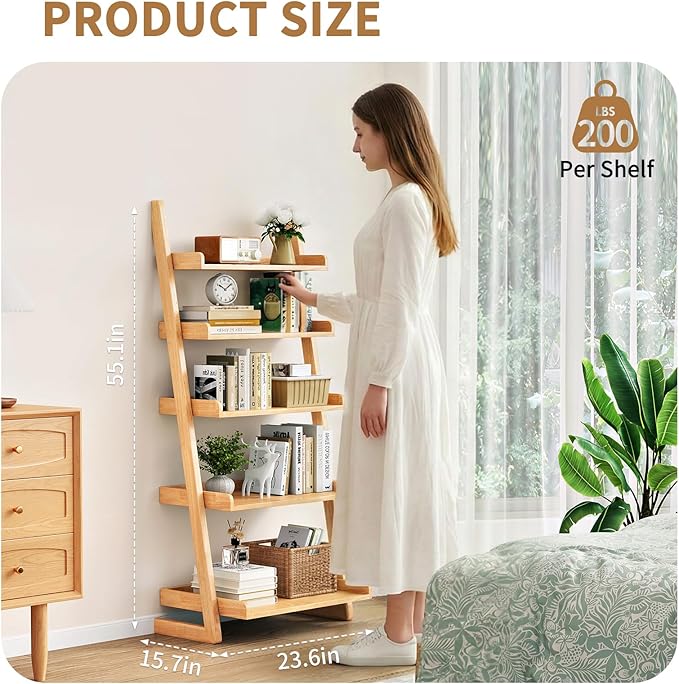 Uniclinens Natural Wooden Ladder Shelf, 5-Tier Leaning Bookshelf, Ladder Bookshelf for Compact Spaces, Leaning Bookcase for Living Room, Bedroom, Home Office