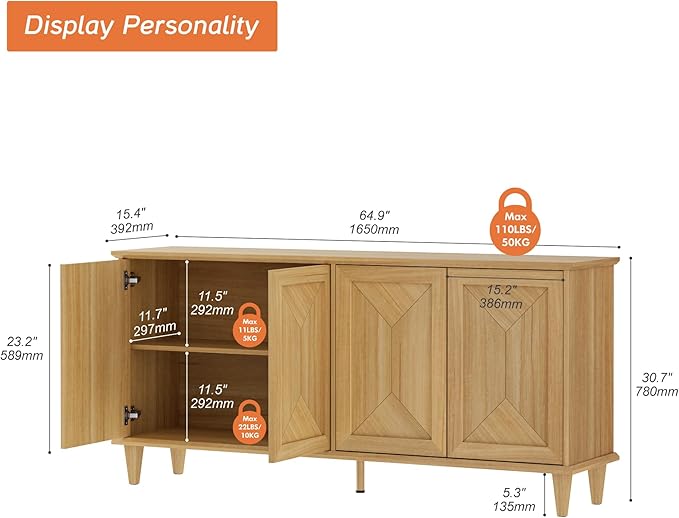 WAMPAT 65-inch Handcrafted Patchwork Decorative Buffet Cabinet with Pop-Up Design Doors,Full Unit Modern Modern Farmhouse Accent Credenza for Coffee Bar, Kitchen, and Living Room, Natural Oak