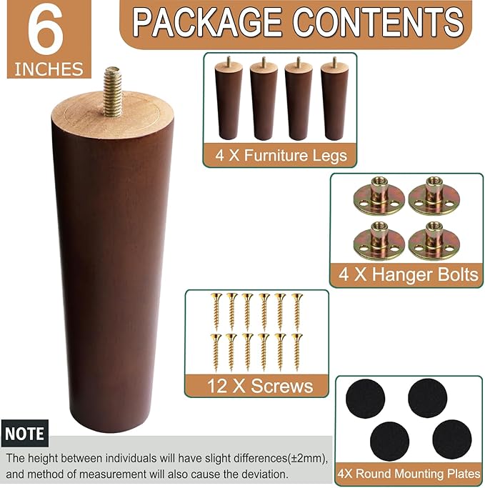 6 Inches Round Solid Wood Furniture Legs Set of 4, Brown Wooden Replacement Feet with Threaded 5/16'' Hanger Bolts for Sofa, Couch, Armchair, Cabinet, TV Stand, Ottoman and Dresser