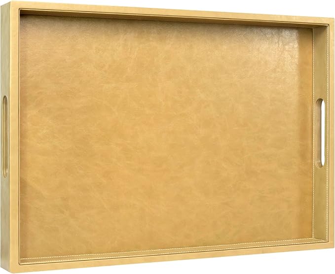 20 * 14 inches Leather Rectangle Serving Tray with Hole Handles,High-End Light Large Service Tray for Ottoman Tray, Tea, Food, Butler - Countertop, Kitchen,Family Dinner, Picnic (Brown)