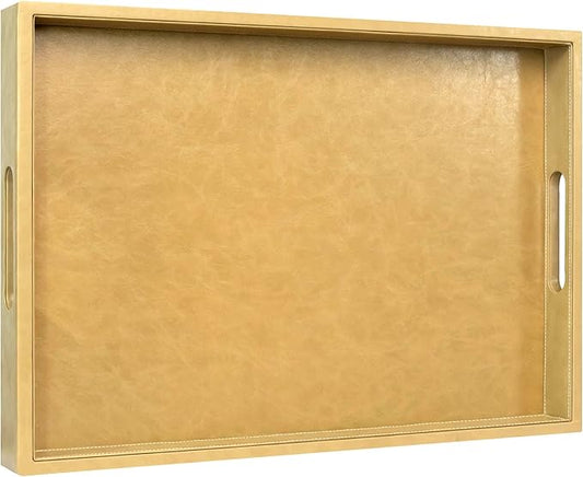 20 * 14 inches Leather Rectangle Serving Tray with Hole Handles,High-End Light Large Service Tray for Ottoman Tray, Tea, Food, Butler - Countertop, Kitchen,Family Dinner, Picnic (Brown)