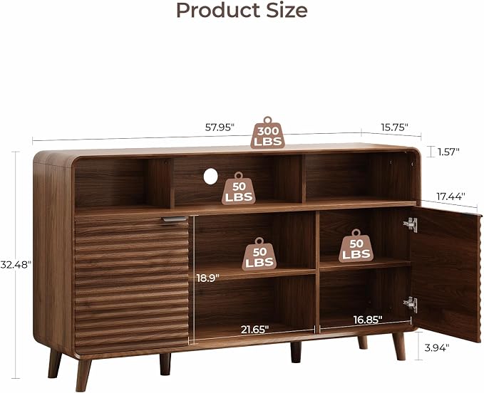58 Inch Buffet Cabinet with Storage, Curved Buffet Sideboard w/2 Doors, Open Storage Shelf, Adjustable Shelves, Wooden Coffee Bar Cabinet for Kitchen, Living Room, Walnut