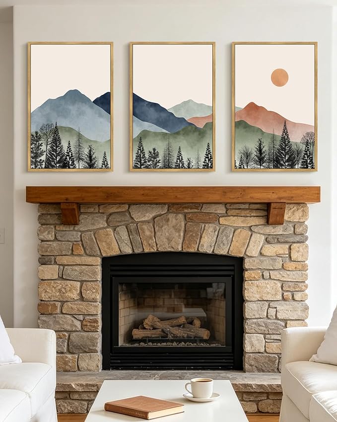 KUVIOKE Mountain Landscape Framed Wall Art Watercolor Nature Painting Boho Sun Rise Prints Farmhouse Rustic Room Decor Ready to Hang 16x24in (Natural Framed)