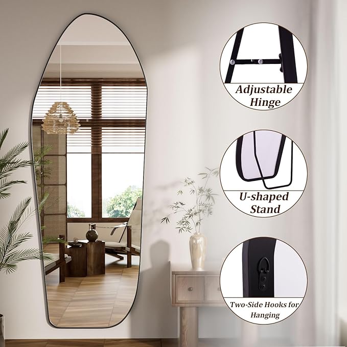 Full Length Floor Mirror - 76"x34" Irregular Diamond Shaped Full Body Mirror Aluminum Frame Floor Mirror Full Length for Bedroom Living Room Cloakroom Decor Black